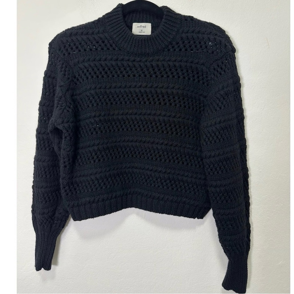 Wilfred Aritzia Women Lolan Open-Knit Pointelle Crewneck Wool Sweater Black, M